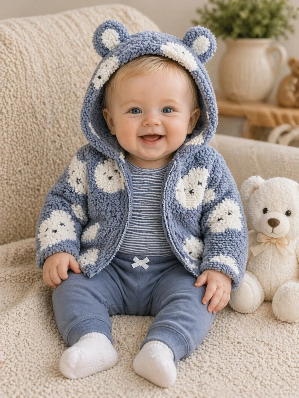 NWT Carter’s Baby Boy 3pc Outfit Set 12M Sherpa Bear Jacket Striped Onesie Pants